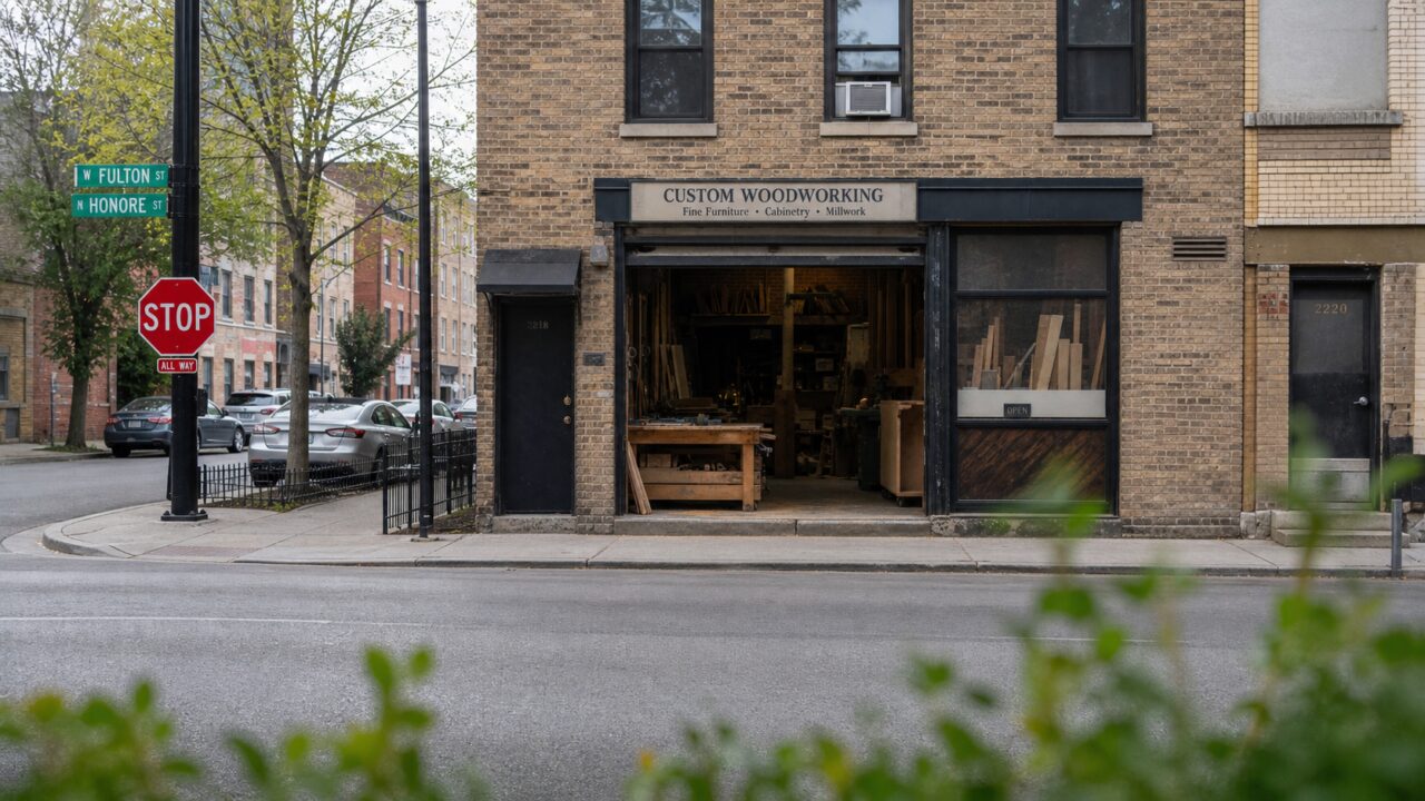 Open houtwerkplaats op een woonstraathoek in Chicago