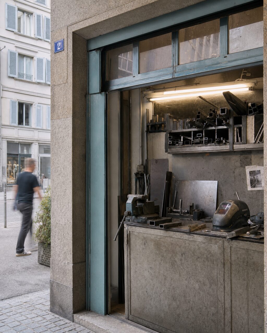Atelier de métallerie au cadre bleu et à la plaque 21, vu depuis le trottoir