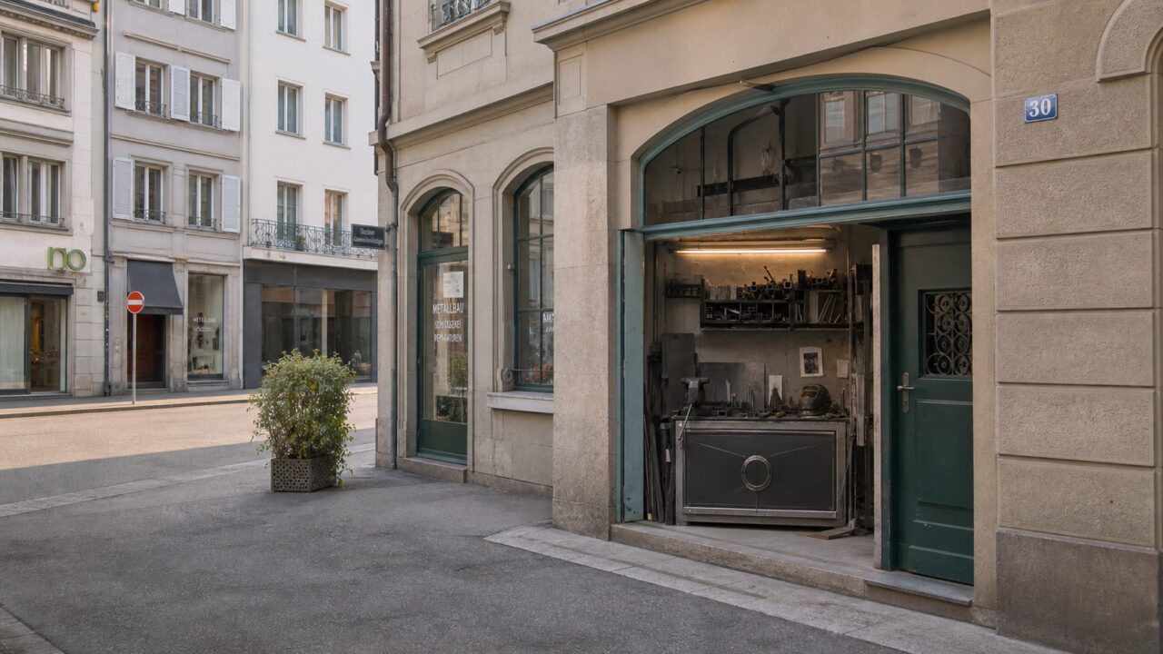 Wide Zurich street view of a metalworking shop open at number 30