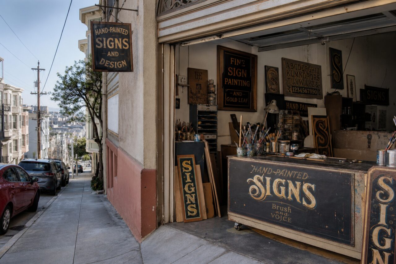 Offene Werkstatt für handgemalte Schilder an einer steilen Straße in San Francisco