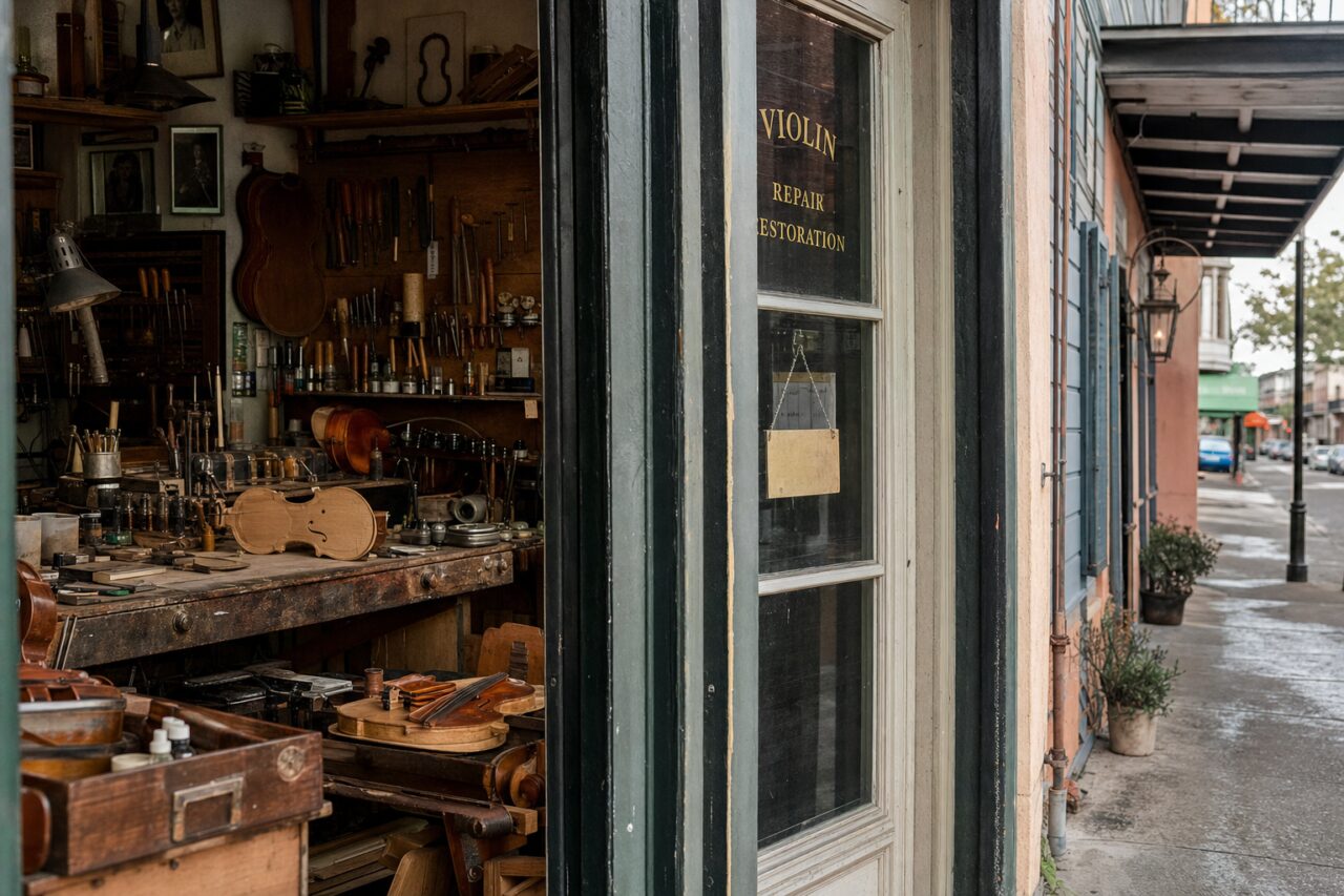 Offene Geigenwerkstatt an einer Straße in New Orleans