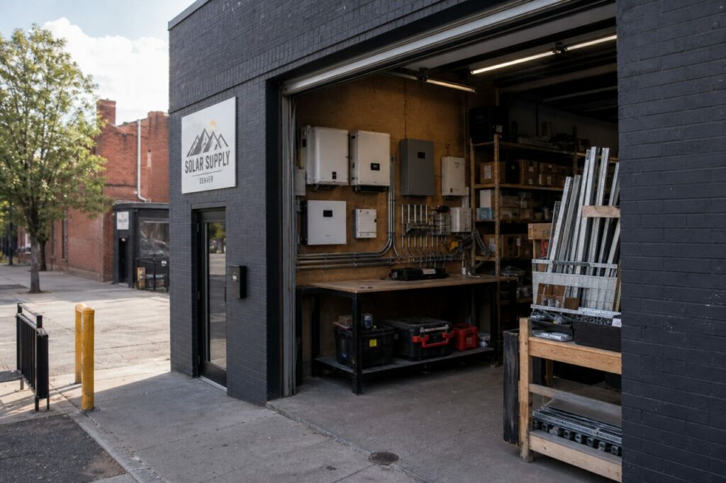 Offene Solar-Supply-Werkstatt in Denver mit Wandgeräten und Metallrohren