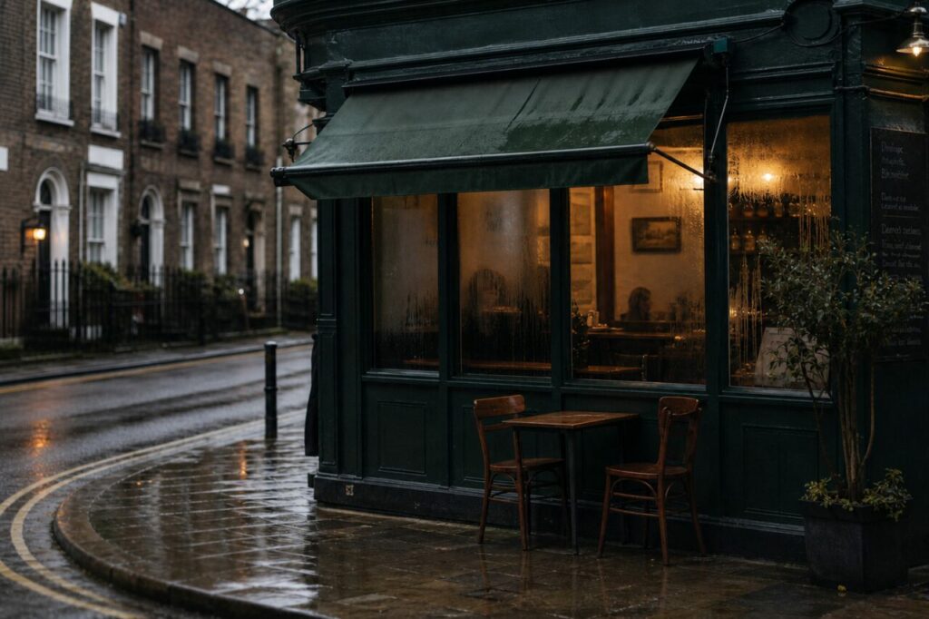 Water-streaked awning above a table and two chairs