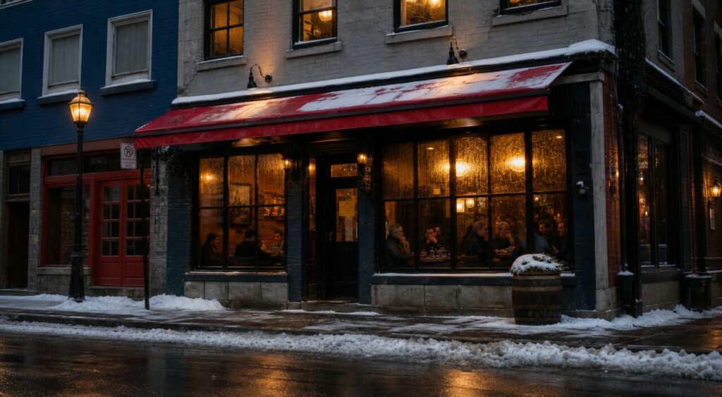 Red awning in perspective between blue and pale façades