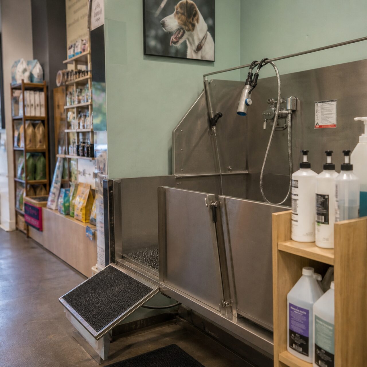 Vasca per il bagno del cane con rampa e shampoo in un negozio per animali