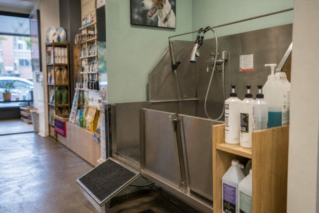 Hundewaschwanne mit Brause und aufgereihten Shampooflaschen