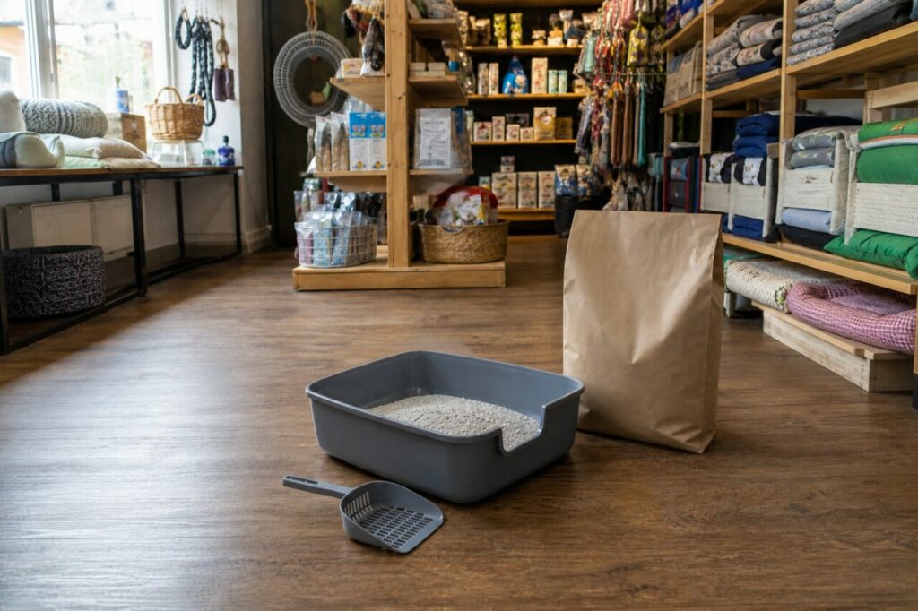 Litter tray and scoop in a pet shop