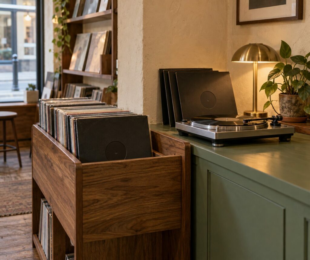 Bacs en bois et platine au châssis sombre dans une boutique de vinyles