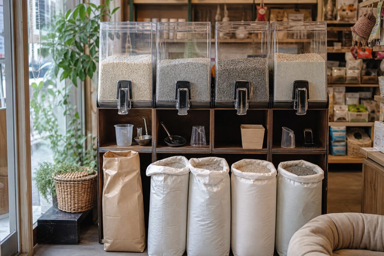 Litter bins and refill bags in a bright pet store
