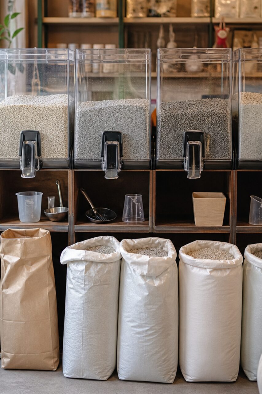 Transparante bakken met kattenbakvulling en scheppen aan de dispenser
