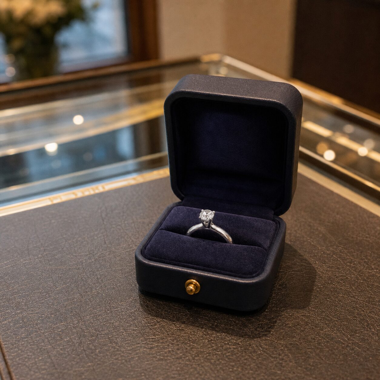 Quadratischer Ring auf dunklem Tresen