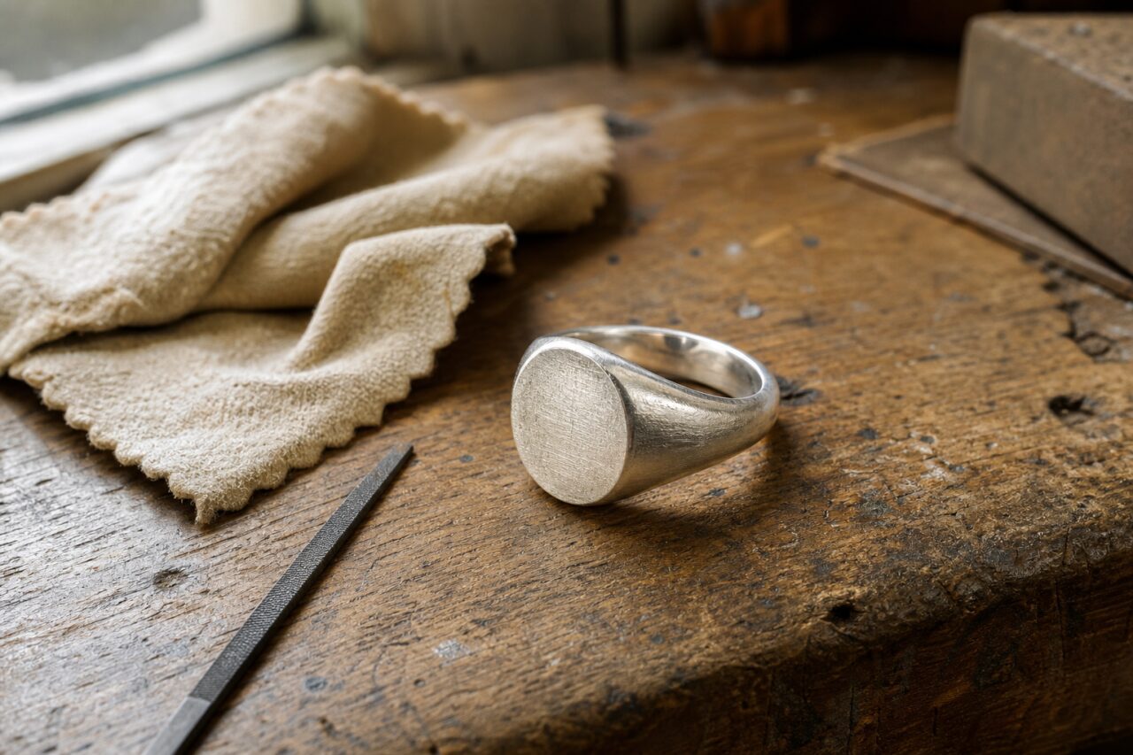 Silver-toned signet ring on a workbench