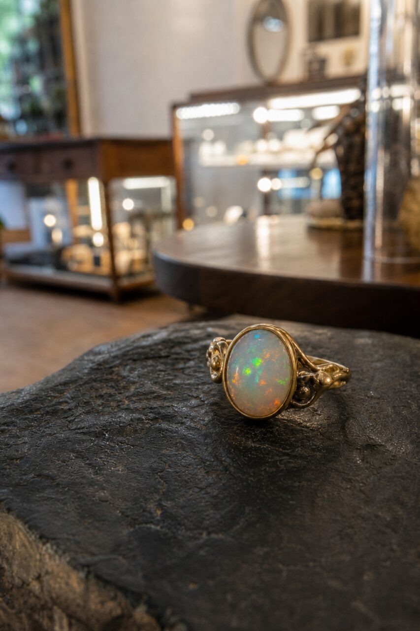 Ring mit milchigem Stein im Hochformat