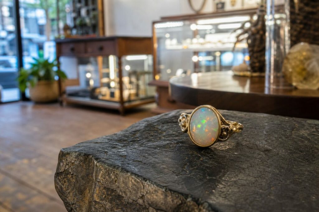 Anillo con piedra ovalada iridiscente sobre losa oscura