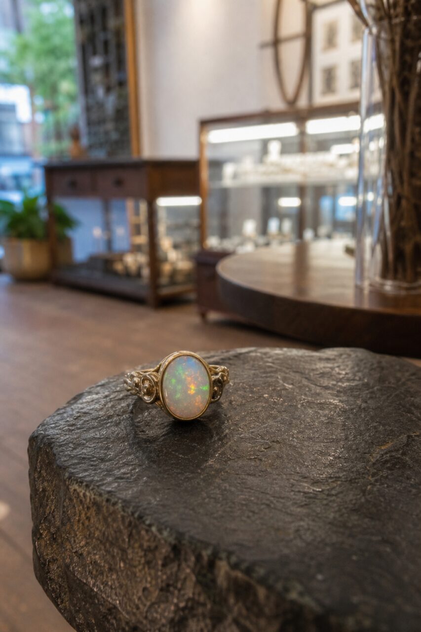 Ring mit farbigen Reflexen auf breiter strukturierter Platte