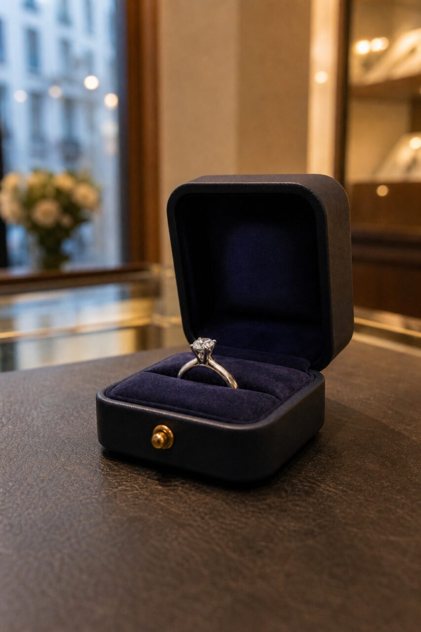 Angled view of the ring in its box