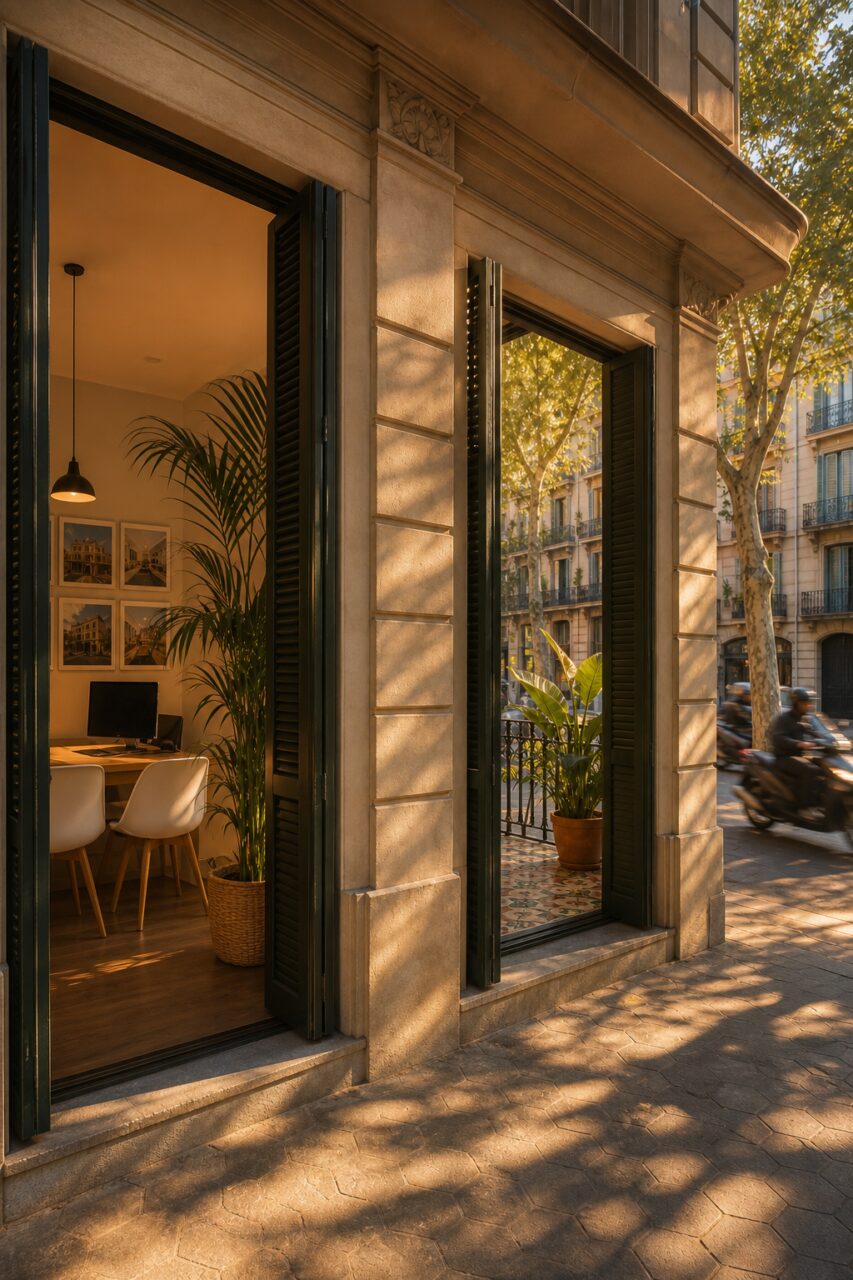 Open bays of a Barcelona real-estate office beneath the trees