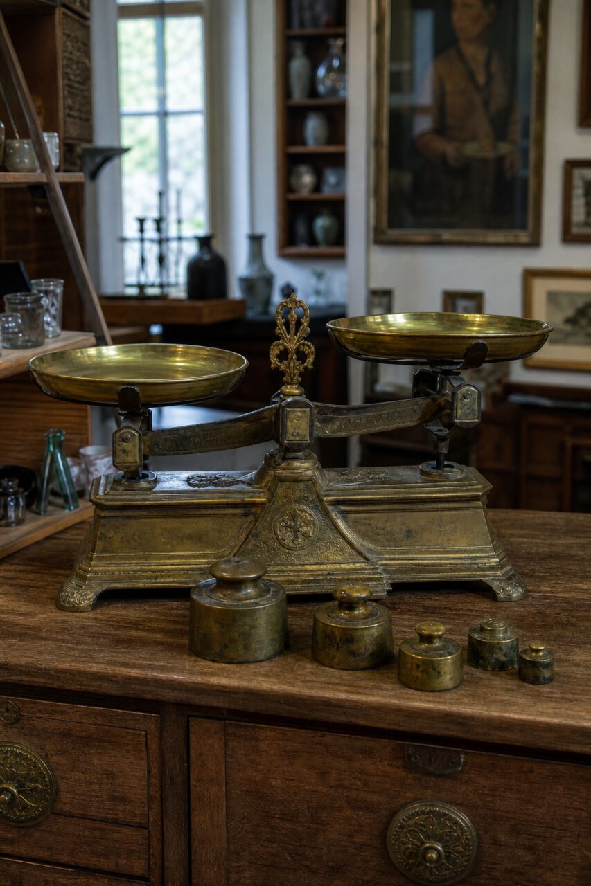 Vertical antique brass balance with weights on a wooden cabinet