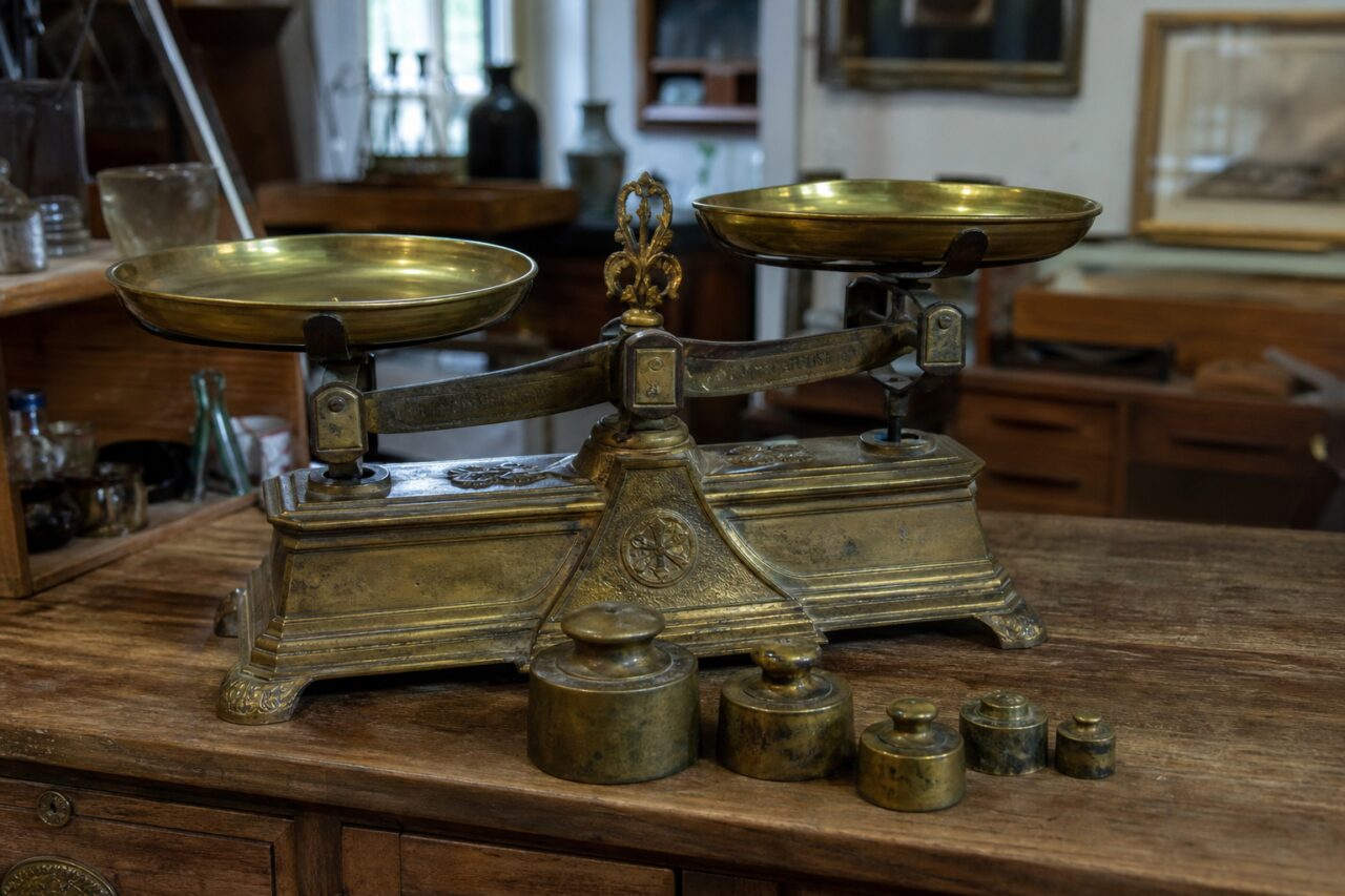 Oude messing weegschaal met schalen en gewichten op een winkelmeubel