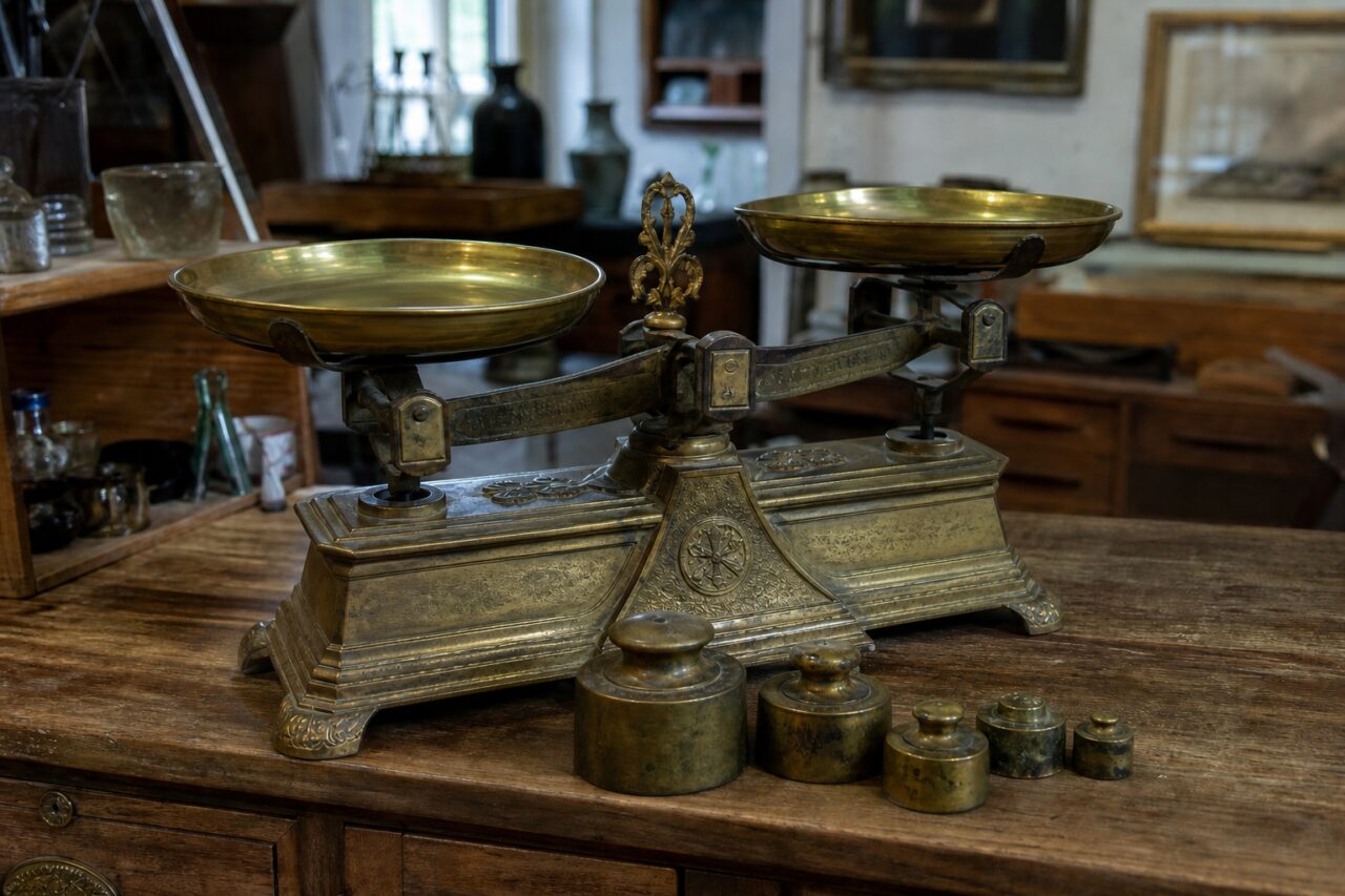 Messing weegschaal van links met twee schalen en gewichten op een rij