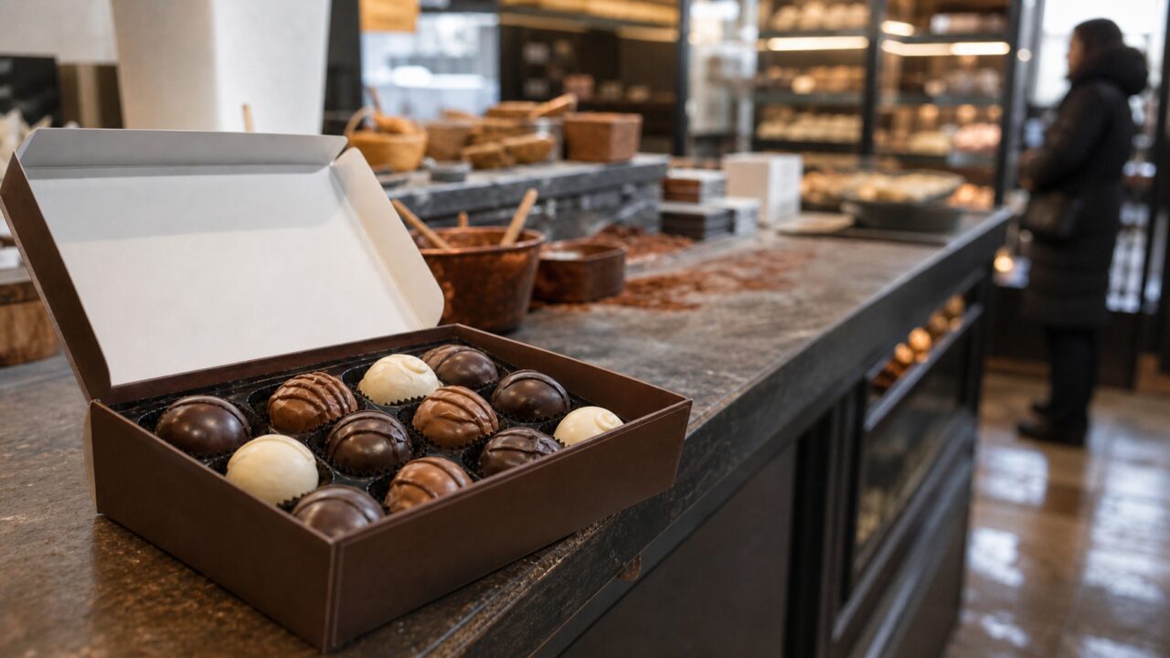 Schachtel mit gemischten Pralinen im Schokoladengeschäft