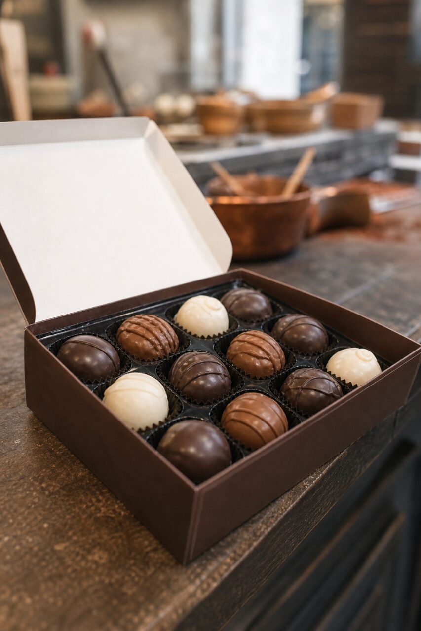 Ballotin de pralines en gros plan sur le comptoir