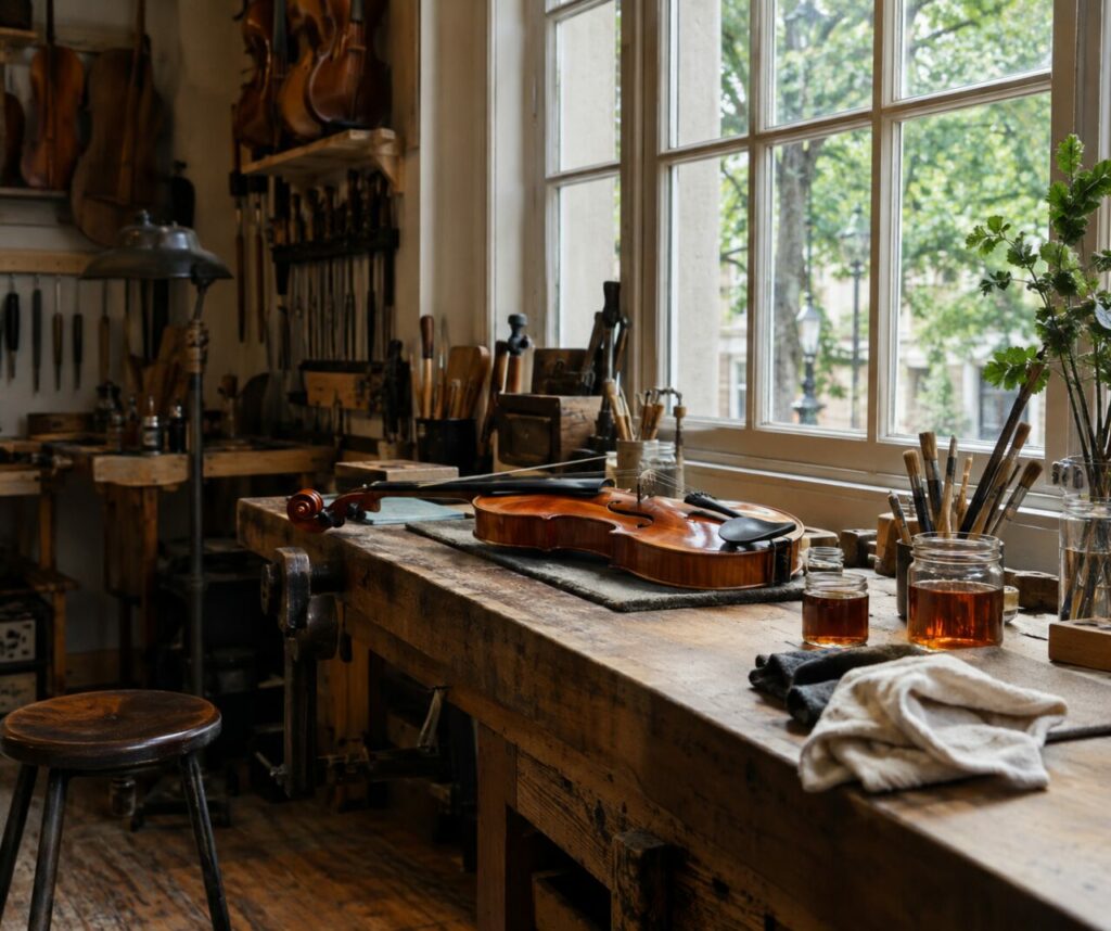 Banc de luthier avec violon verni et pinceaux