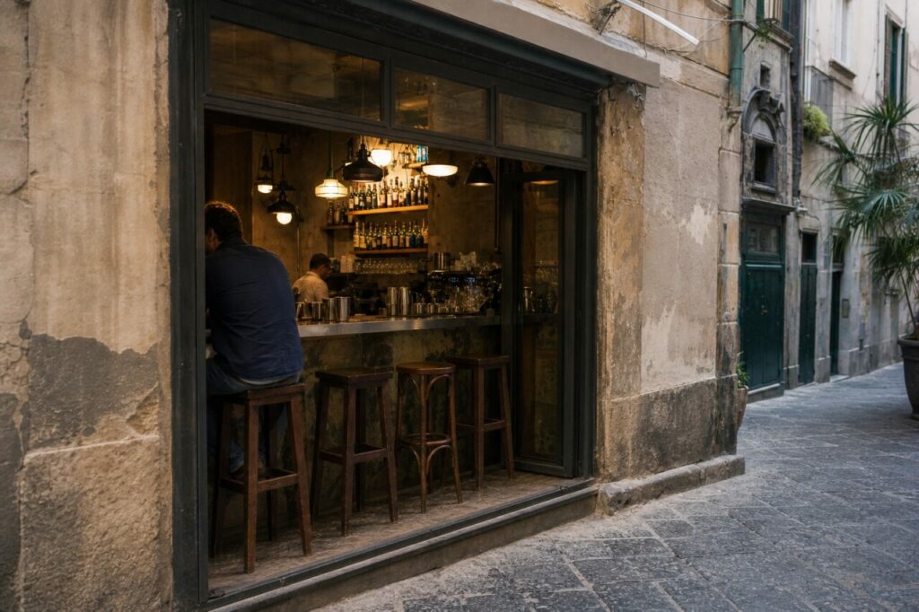 Bar de fenêtre vu de biais depuis les pavés