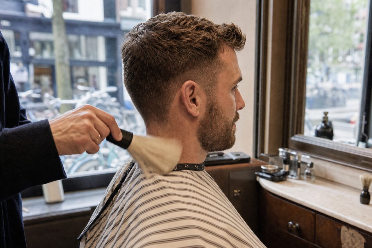 Barber brushing a client’s neck beneath a striped cape beside the mirror