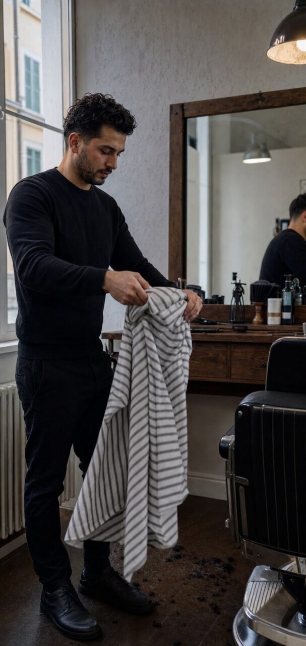 Barbier préparant une cape rayée devant un fauteuil noir avec cheveux coupés au sol