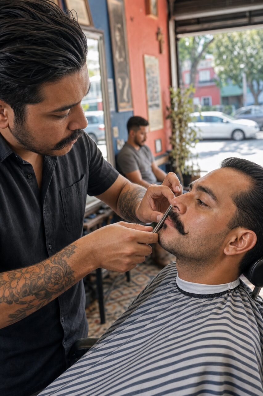 Barber shaping a moustache with scissors on a client beneath a striped cape