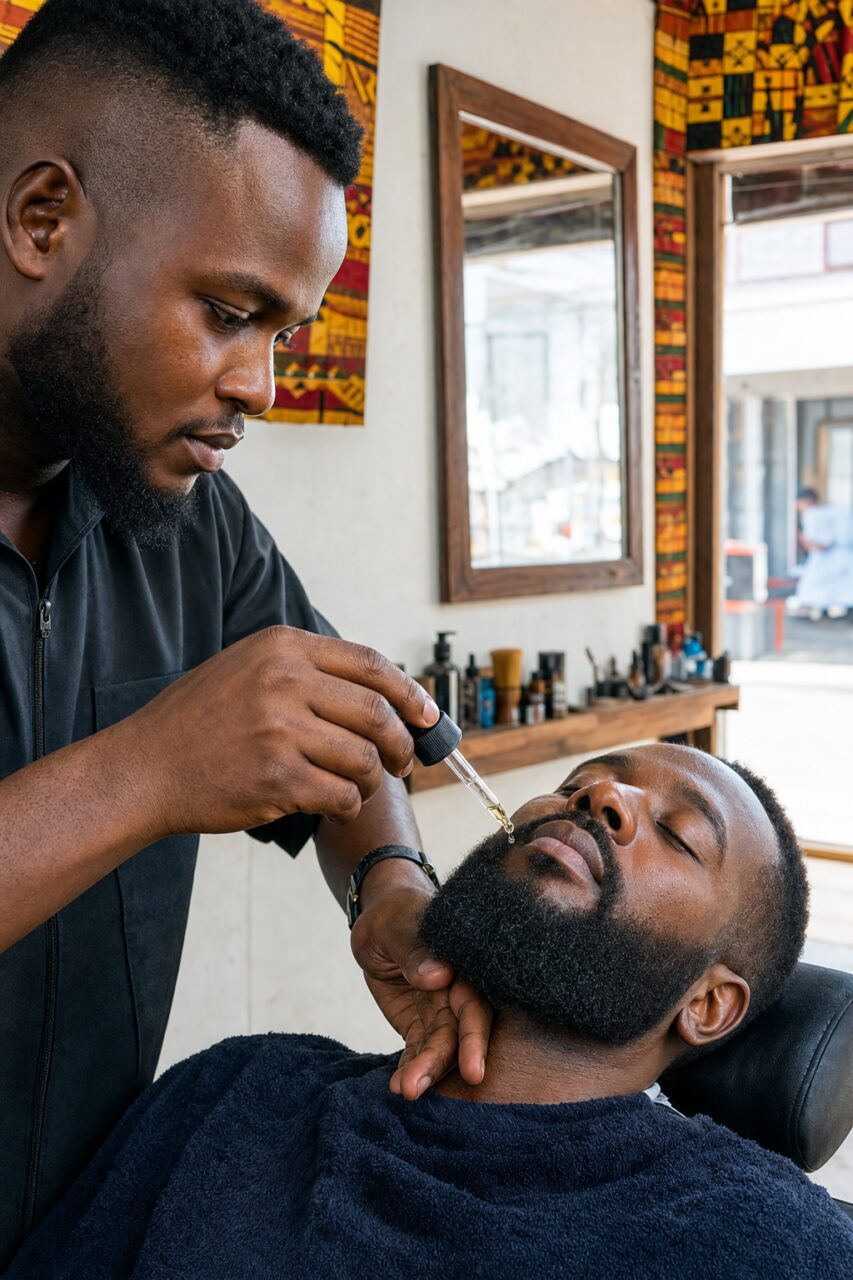 Barbier appliquant quelques gouttes sur la barbe d’un client allongé
