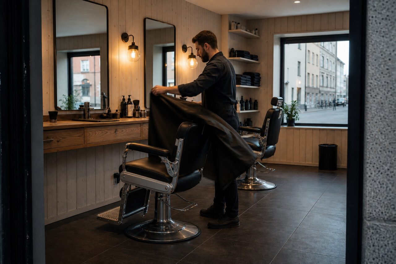 Barbier legt einen dunklen Umhang über einen schwarzen Stuhl im beleuchteten Salon
