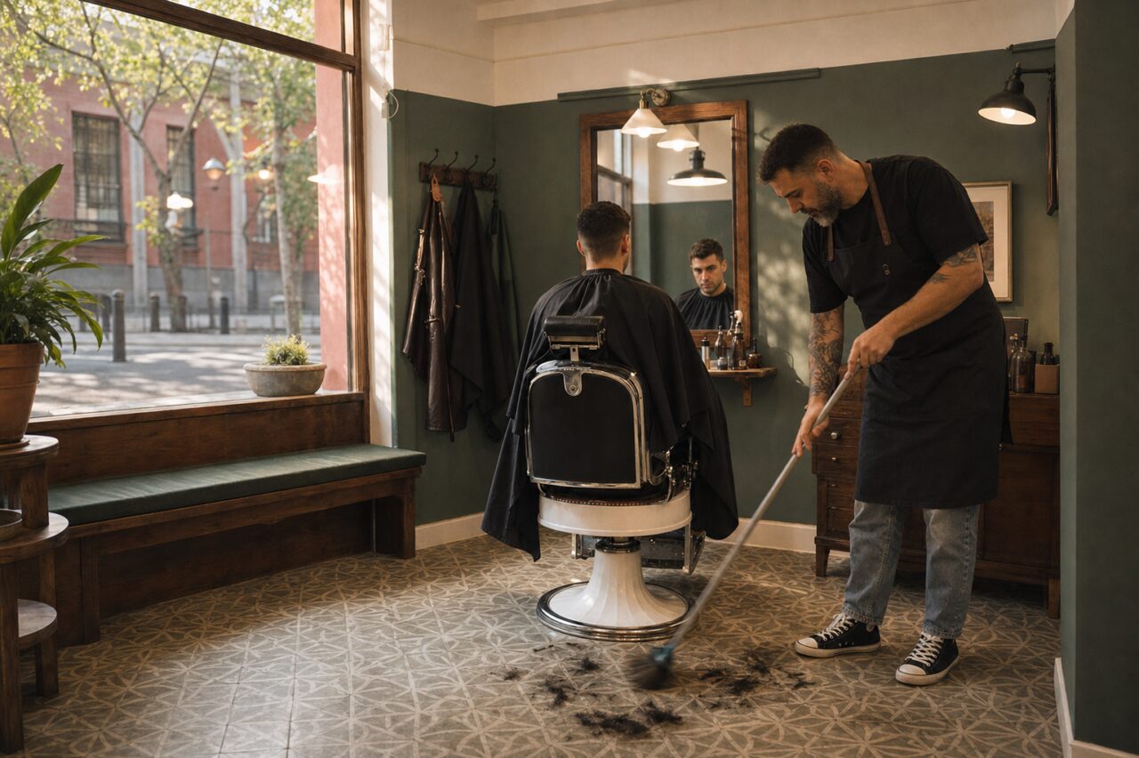Barber sweeping a salon floor after a haircut in a wide interior view