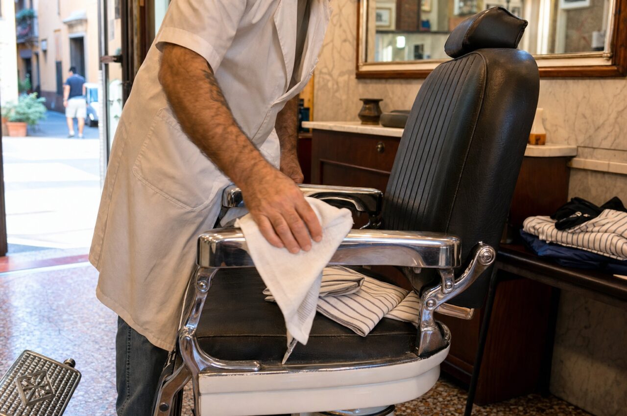 Barber cleaning the chrome armrest of a black chair inside a working barbershop