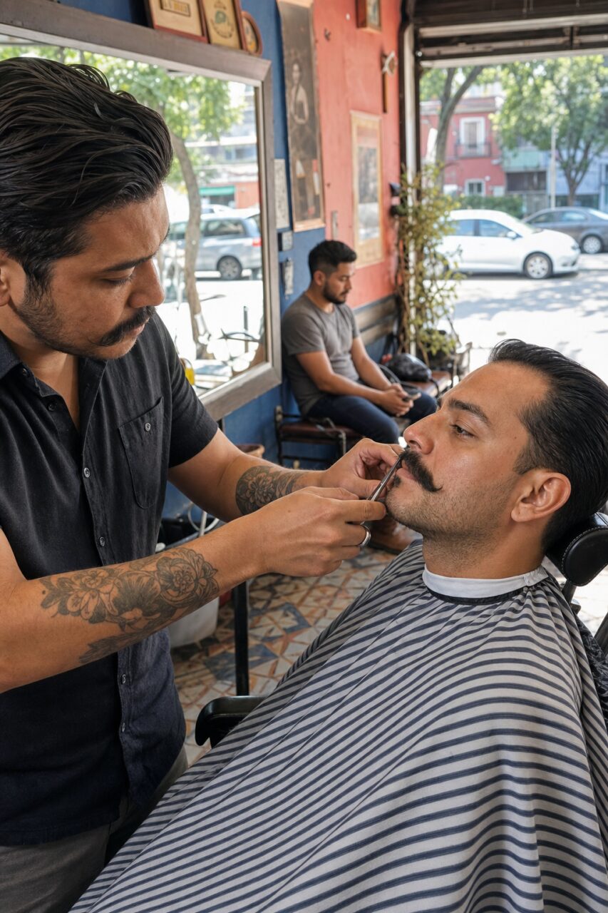 Barbier taillant une moustache au ciseau sur un client sous cape rayée