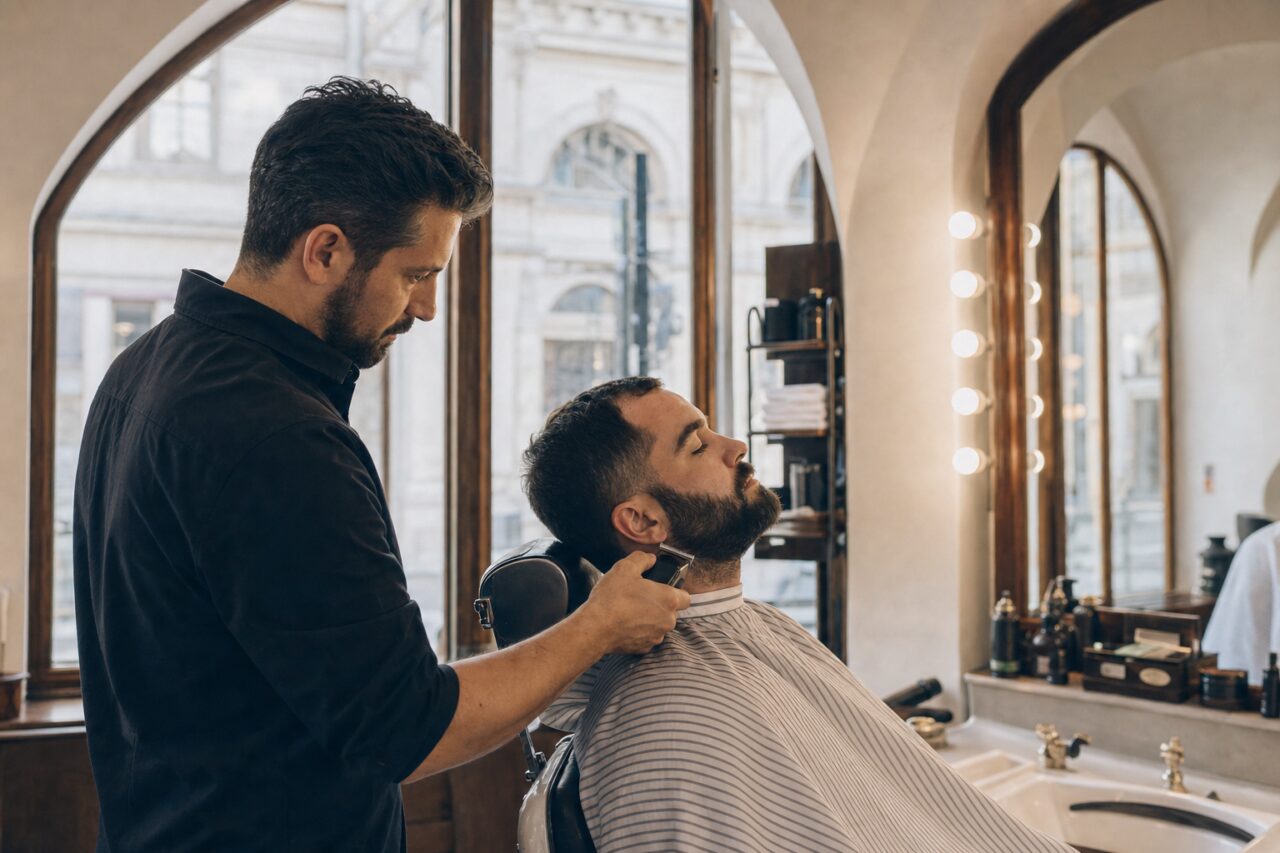 Barbier trimt de baard van een klant onder een gestreepte kapmantel bij een verlichte spiegel