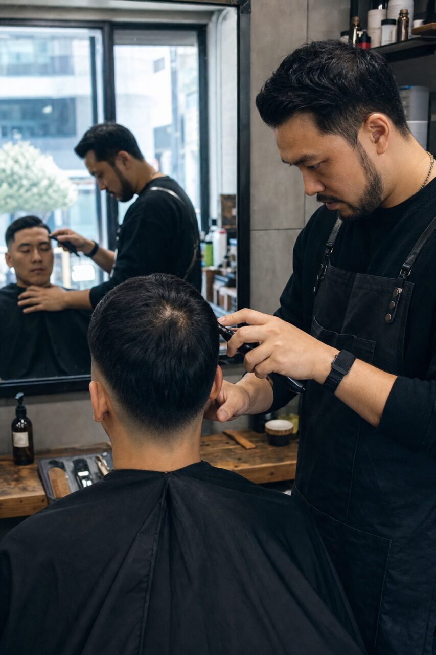 Barbero repasando la nuca de un cliente con máquina frente al espejo