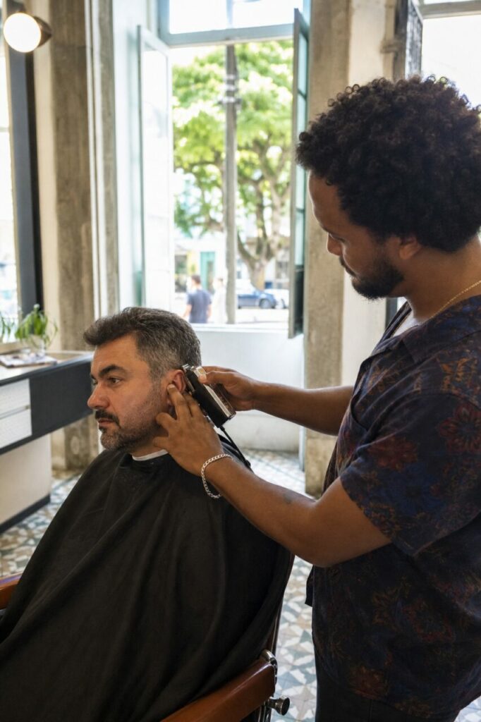 Barbiere rifinisce la basetta del cliente con il regolabarba vicino alla finestra aperta