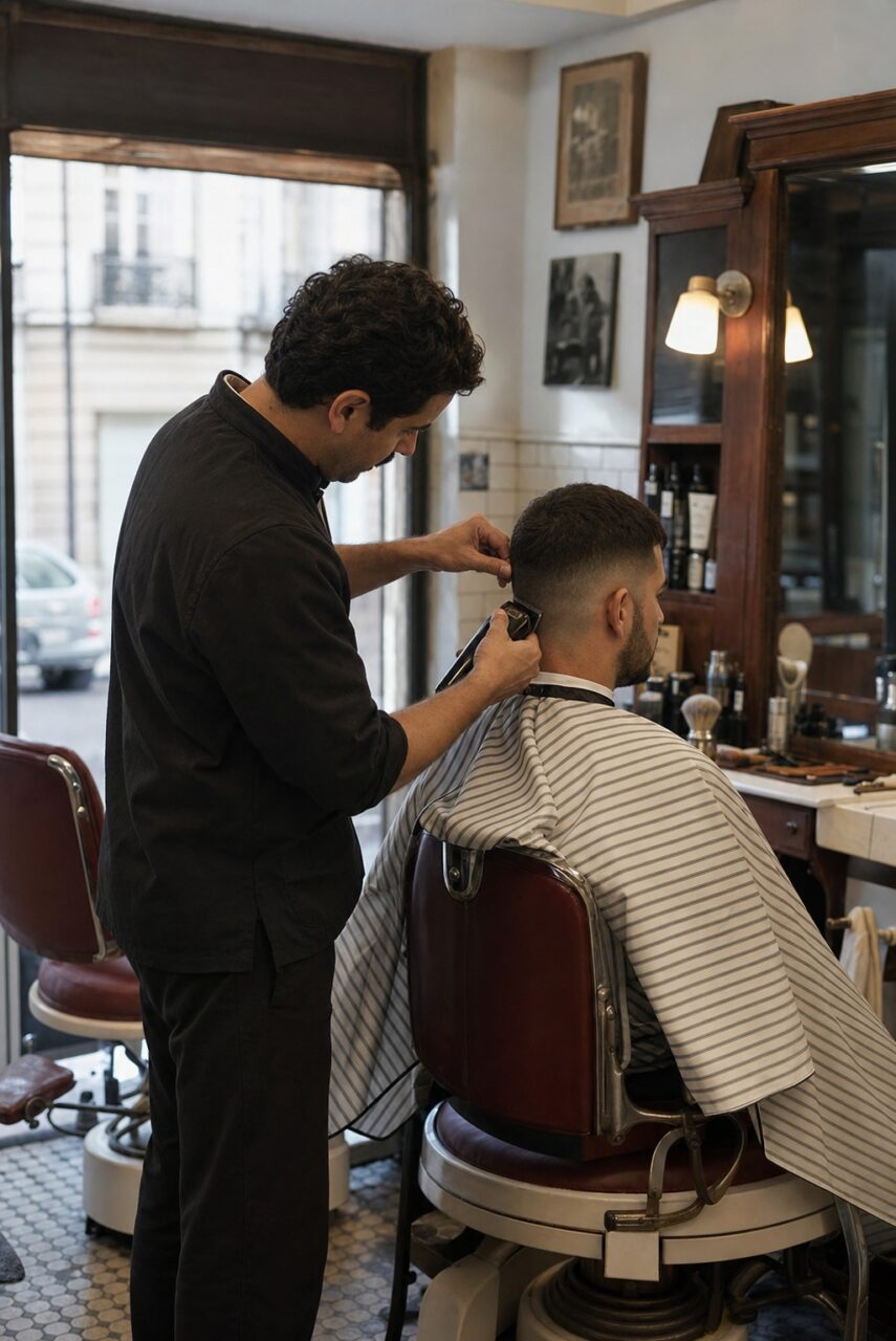 Barbier utilisant une tondeuse dans un salon parisien