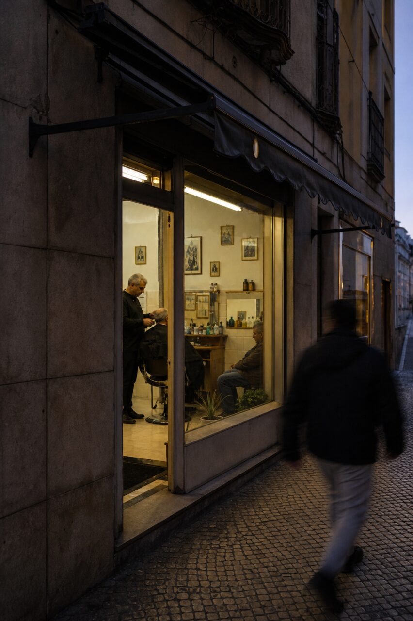 Angled barbershop view beneath an awning on a Lisbon cobbled street