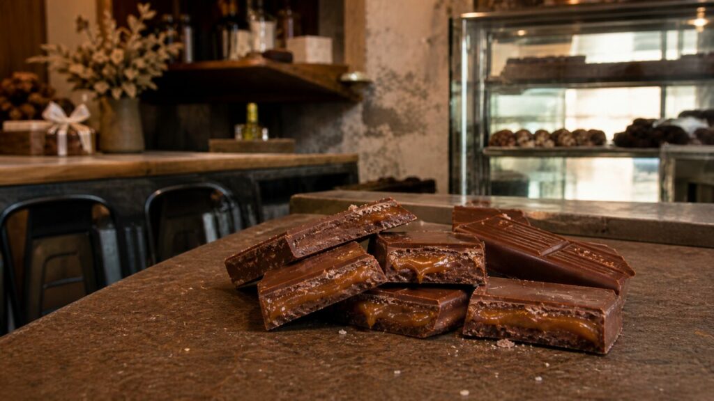 Chocoladereep met gezouten karamel op een toonbank