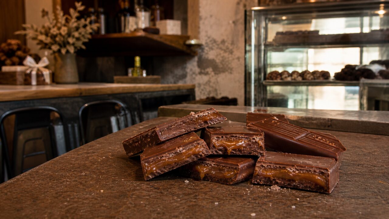 Salted caramel chocolate bar on a counter
