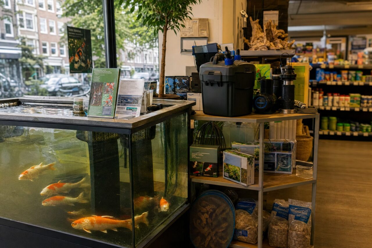 Innenbecken mit Koi und Filtertechnik im Zoofachhandel für Aquaristik