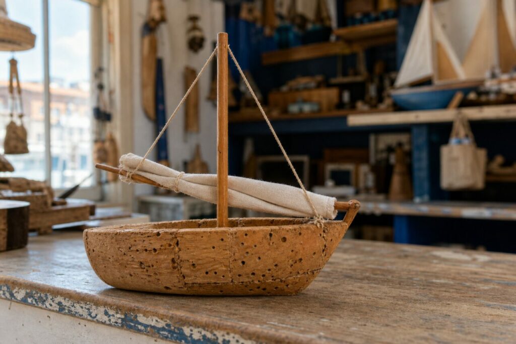 Bateau jouet en liège à voile de toile enroulée