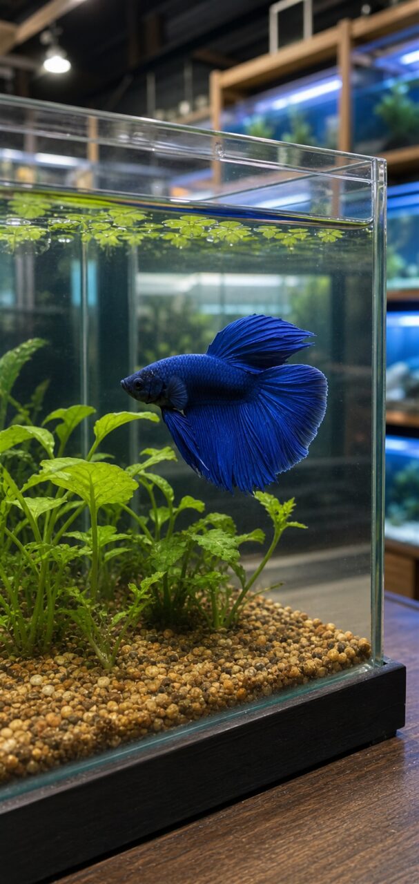 Betta azul num aquário de vidro com plantas