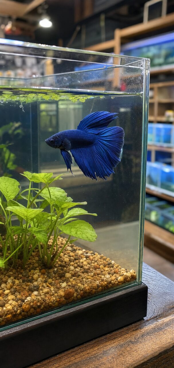 Betta azul num aquário vertical plantado