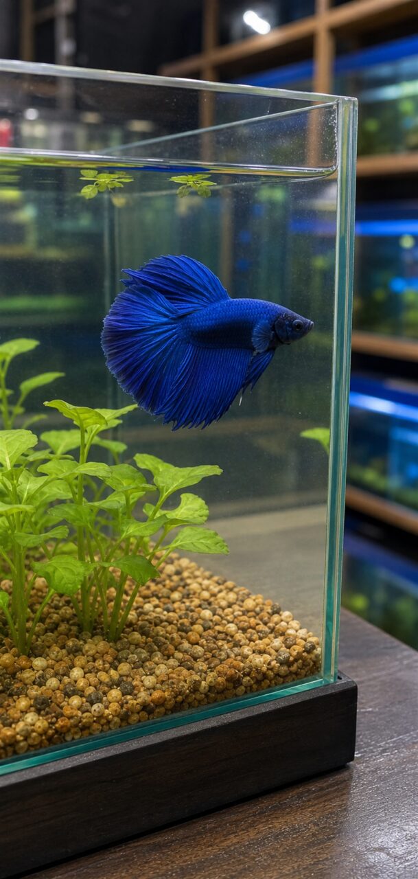 Betta bleu près de la paroi d’un aquarium