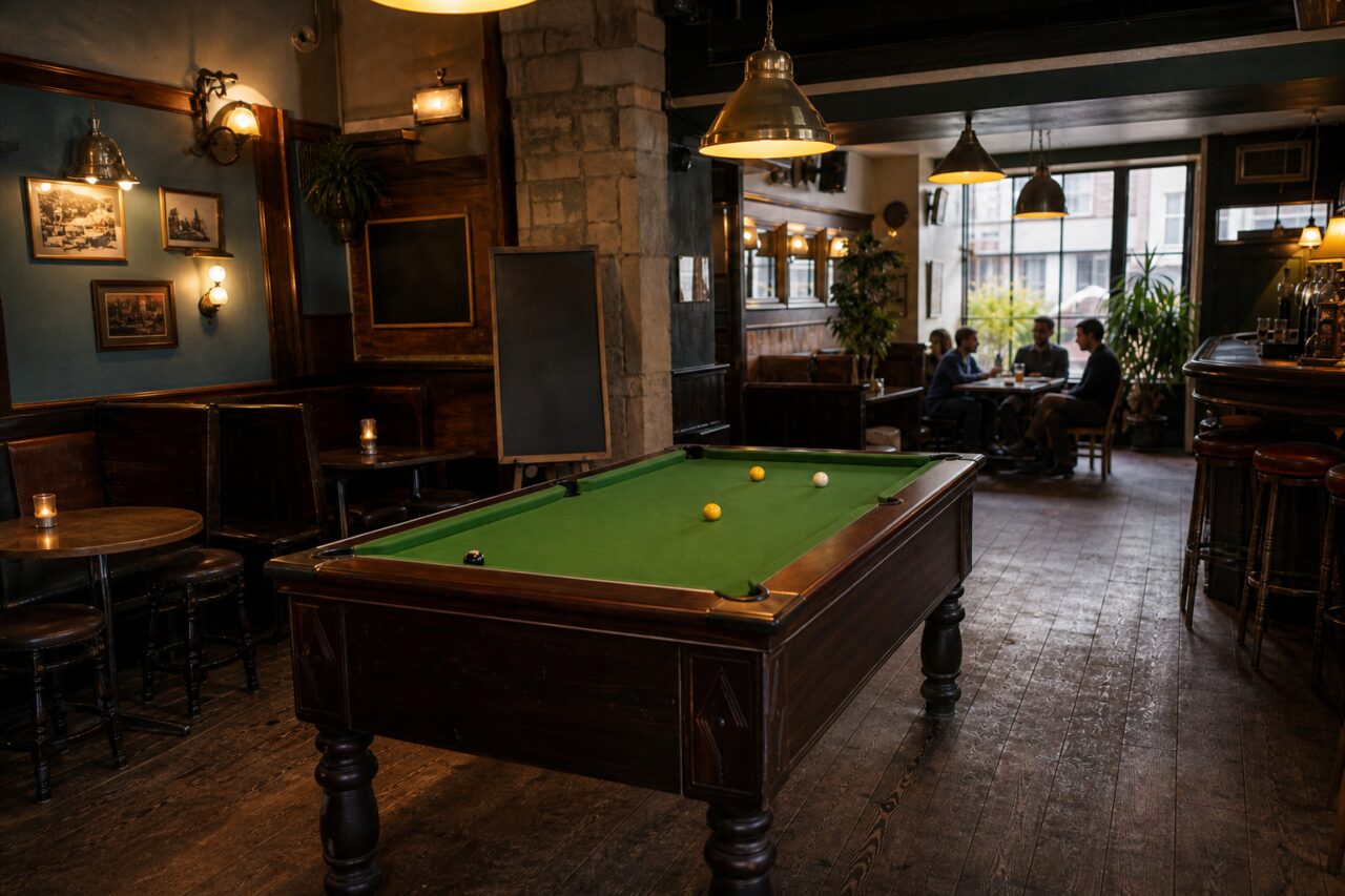 Billard en diagonale devant un pilier de pierre