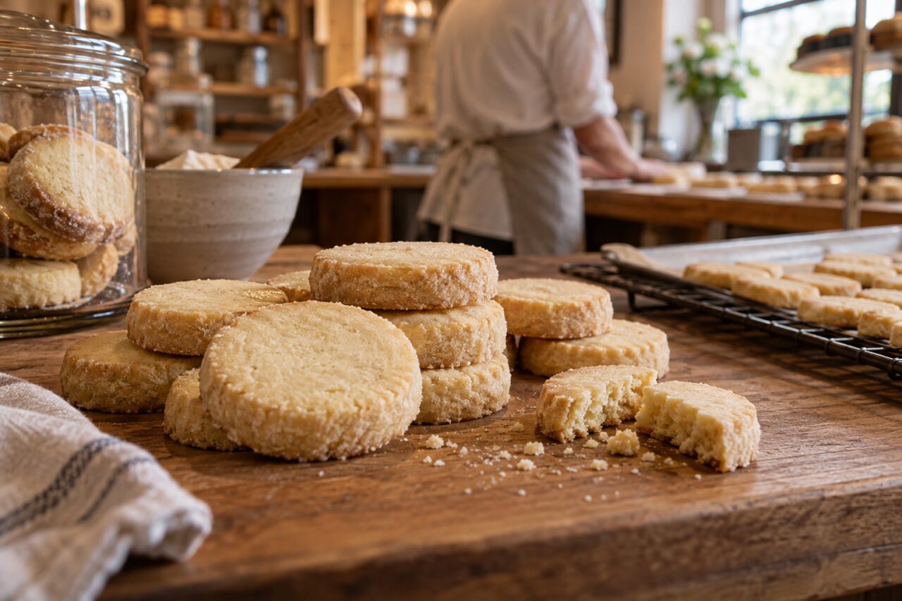 Biscuiterie artisanale — arranging shortbread on a wooden counter